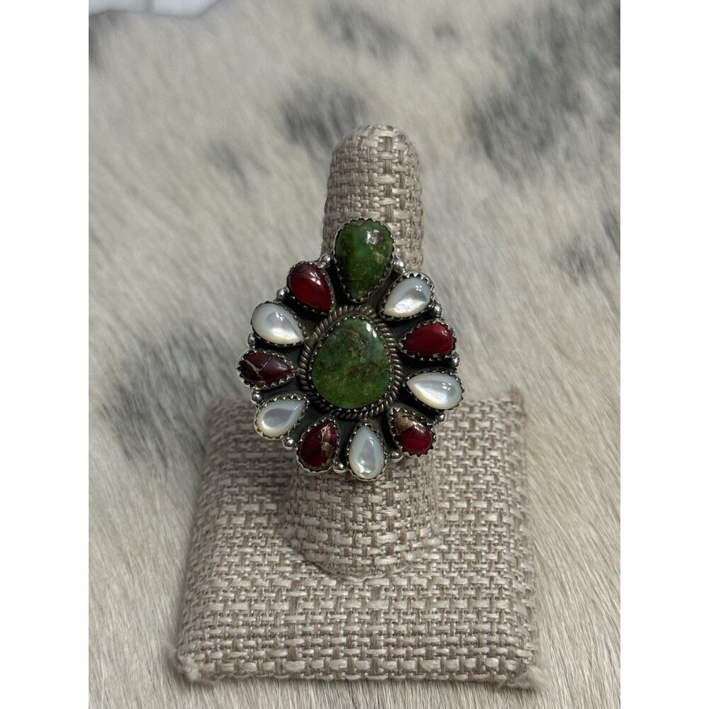 Sterling Silver Sonoran Gold Turquoise Red Dahlia MOP Huge Cluster Ring Adjust - Picture 14 of 14